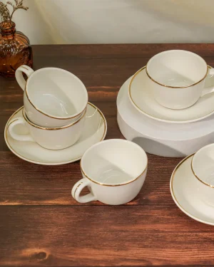Vola Pristine Collection Cookie Delight Brew Set – 12 Pc Premium Porcelain Tea Cup & Saucer Set (200ml) | Gold Rim
