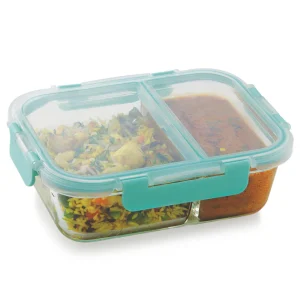 Magnus Glock Glass Food Divider Rectangle Container with Break-Free Detachable Lock, Oven & Microwave Safe Borosilicate Glass - 970ML | Green