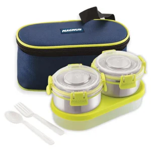 Magnus Aura 2-Piece Stainless Steel Lunch Box Set with Tiffin Bags, Utensils & Pouch | Airtight, Leakproof Containers | Lunch Box for Kids, Lunch Boxes for Office Men, Women, School | BPA-Free