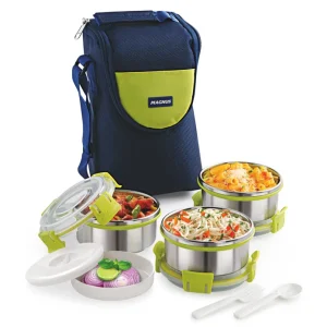 Magnus Aura 4-Piece Stainless Steel Lunch Box Set with Tiffin Bags, Utensils & Pouch | Airtight, Leakproof Containers for Office Men, Women, Kids | Insulated Covers, BPA-Free Lunch Boxes for Kids