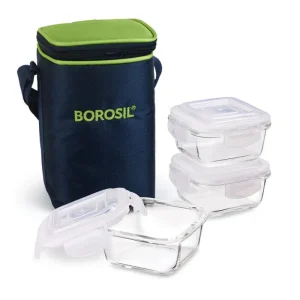 Borosil Alfa Green Glass Lunch Box, Round x 3 (Tall), 400ml – Set of 3