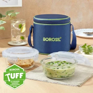 Borosil Blue Glass Lunchbox Set | 2 Round Tall Containers (400ml) | Leak-Proof Borosilicate Glass with Stylish Carry Bag