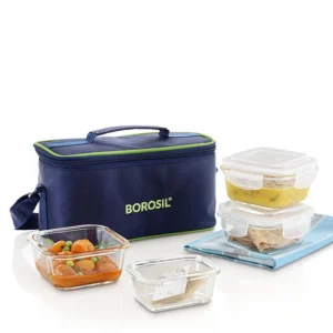 Borosil Glass Lunchbox, Square + Rectangular, 320ml x 3 + 120ml
