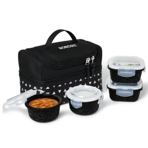 Borosil Kube Black Universal Glass Lunchbox Set – 320ml x 2 + 240ml x 2 | Leak-Proof Borosilicate Glass Containers with Lunch Bag