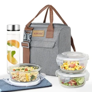 Borosil Pro Lunch Box Set, 400ml x 3 (+) 550ml x 1 – With Carry Bag & Glass Water Bottle
