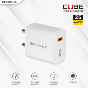 Neopack Power Cube 25W Fast Charging Adapter for Smartphones iPhone, Tablet IOS Android, Power Banks, Earbuds and Other USB-C Devices (White)