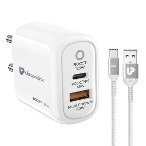 Ultraprolink Boost 125W Dual USB Multi-Protocol Fast Travel Charger with A-C 1m Cable UM1134A