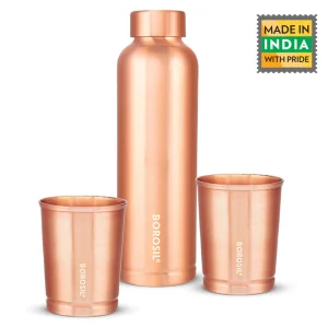 Borosil ECO Copper Bottle & Glass Set, 1L Bottle + 2 x 250ml Glasses