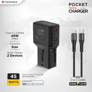 Neopack Pocket World Travel Charger |45W Fast Charging Dual-Port Adapter with USB-C Cable, Worldwide Compatibility (Black)